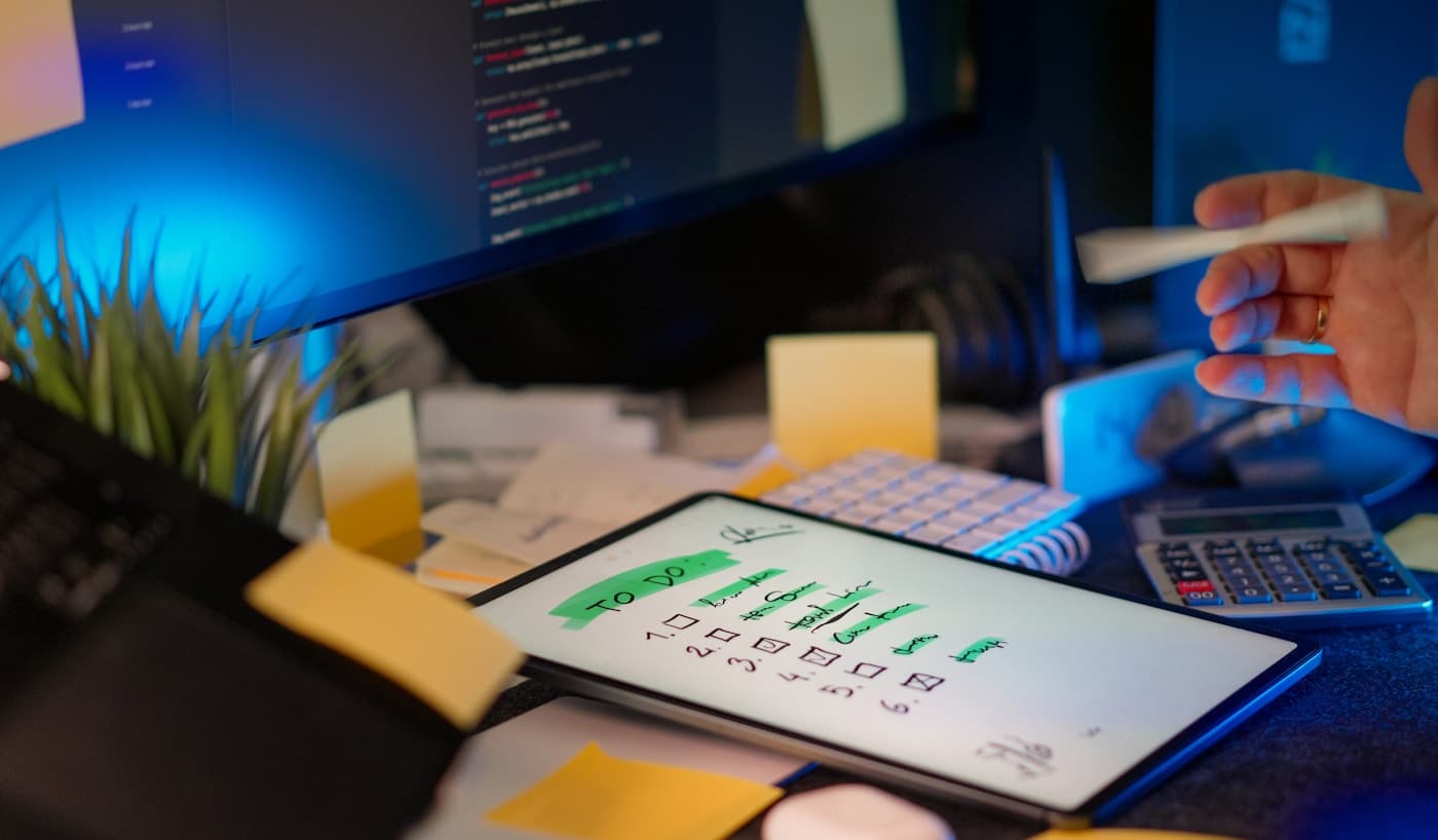 Mesa de trabalho com monitores, checklist e anotações de desenvolvimento